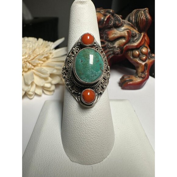 VTG Sterling Silver Red Coral Turquoise Ring - Picture 1 of 6